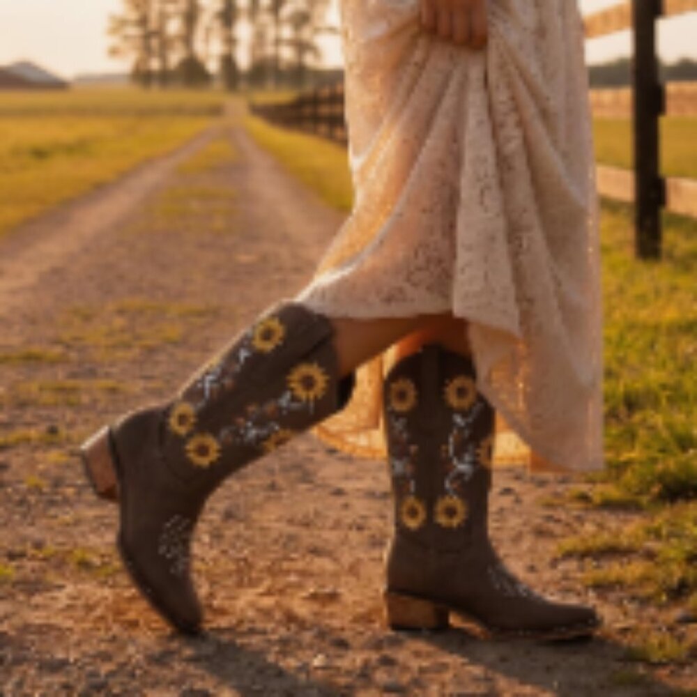 Faux Leather Cowboy Boots with Sunflower Embroidery, Square Toe, Chunky Heel - Picture 3 of 7